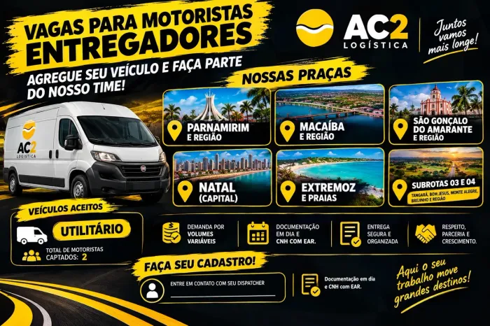 Vagas para prestadores de serviços com veículo próprio