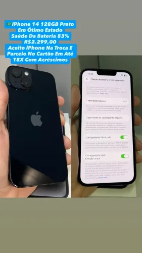 iPhone 14 128GB Preto - Saúde Da Bateria 83% (Usado)