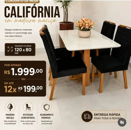 Mesa 4 cadeiras 1.20 x 80 madeira maciça 