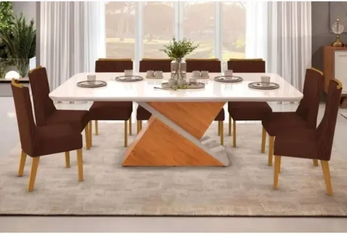 Mesa de Jantar com Tampo de Vidro + 8 Cadeiras Marrom Escuro