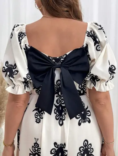 vestido longo preto e branco com laço grande moda plus size se