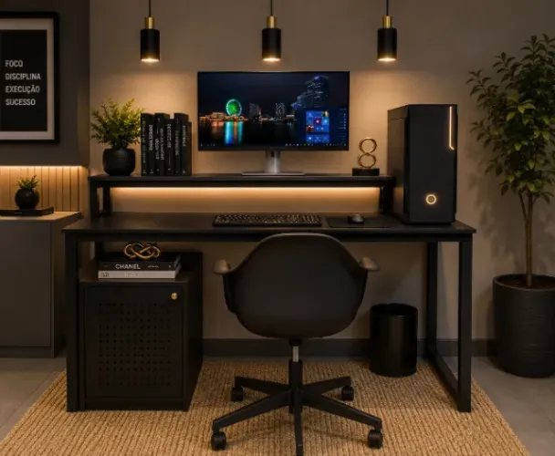 Mesa de Escritório Gamer com estrutura amarela e tampo em MDF Titânio