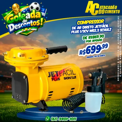 Compressor de Ar Direto JetFácil Plus 1/3Cv Com Pistola e Mangueira Schulz