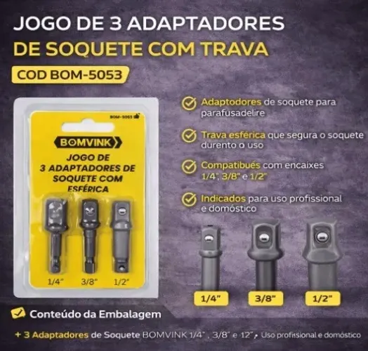Jogo adaptador soquete BOM-5053 3 peças 1/2 3/8 1/4