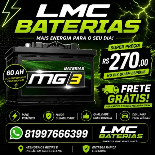 Bateria MG3 60AH com frete grátis e instalação rápida!