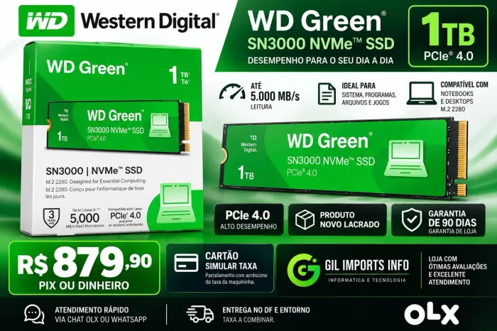 SSD WD GREEN SN3000 1TB NVMe PCIe 4.0 - NOVO LACRADO