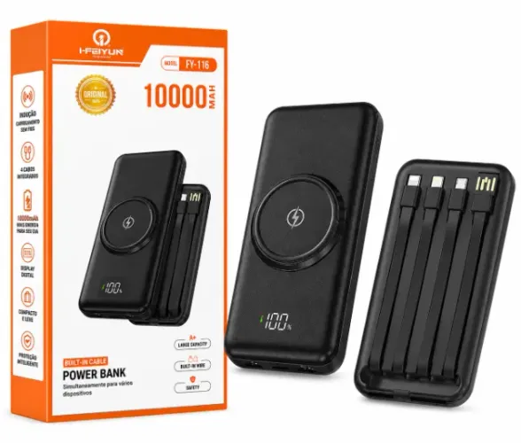 Carregador Universal Power Bank 10000mAh com Indução e Cabos Integrados - Novo