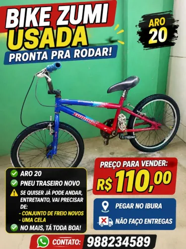 Bicicleta zumi aro 20.. precisa trocar a cela e o freio. $ 100.00