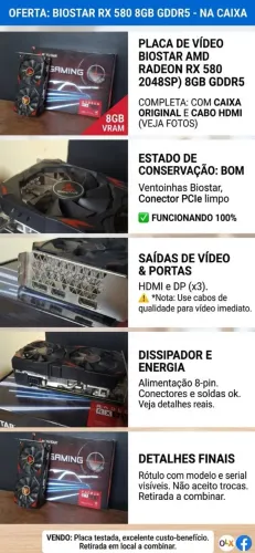 Placa de Vídeo Biostar Radeon RX 580 8GB (Com Caixa e Teste)