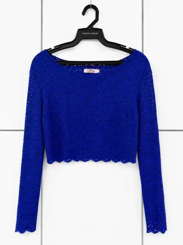Blusa Cropped Vazado de Renda Azul Royal Manga Longa