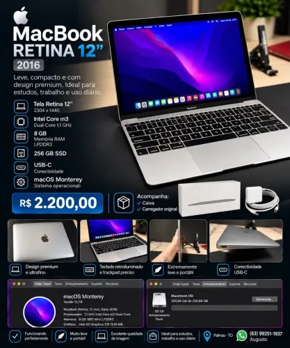 MacBook 12" Retina (2016) Prata - 256GB SSD - Super Leve (0,92kg) + Carregador Original