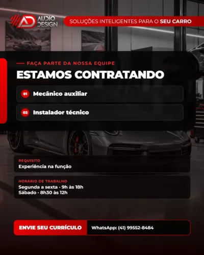 Estamos contratando instalador de acessórios automotivos e auxiliar de mecânico.