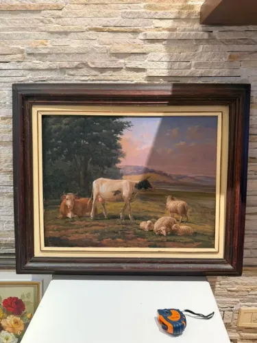 Quadro Pintura a Óleo - Cena Pastoral com Vacas e Ovelhas - Moldura Grande