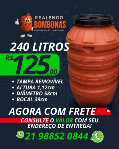 Bombona de 240 litros, Bombonas Galões, Tambores Barris Tonéis pra Água,Gelo,Ração,Óleo