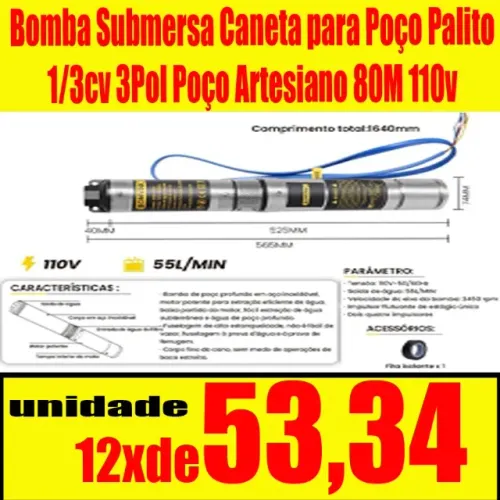 Bomba Submersa Caneta para Poço Palito 1/3cv 3Pol Poço Artesiano 80M 110v 0664 d379