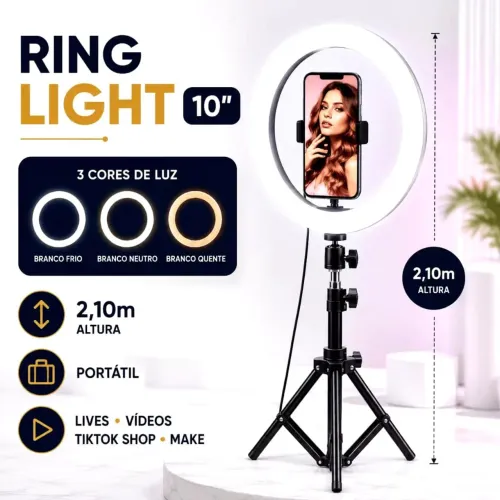 Iluminador ring light com tripé de 2 metros pra fotos e vídeos