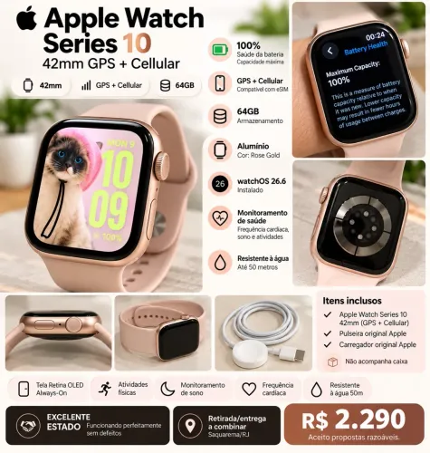 Apple Watch Series 10 42mm GPS + Cellular - Bateria 100% + Carregador Original