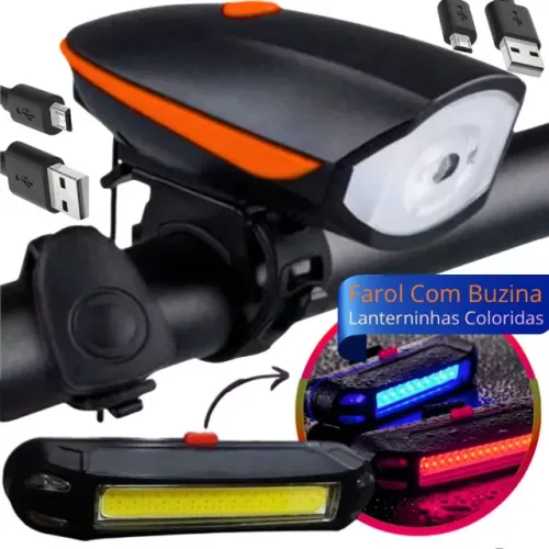 Farol Led Bike com Buzina 140db Lanterna Traseira USB Recarga 5 Modos Luz Ciclismo Noturna
