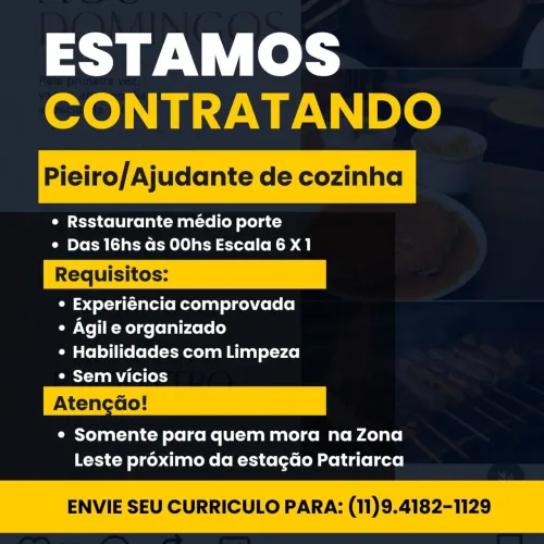 Vaga para Pia e Ajudante de Cozinha