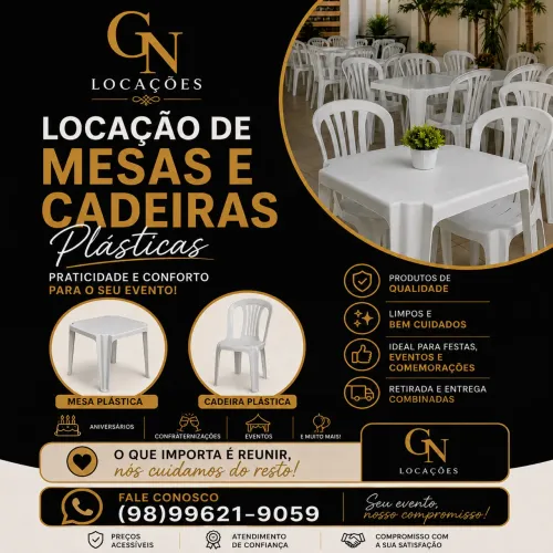 ALUGAMOS MESAS, CADEIRAS, TAMPÕES E TOALHAS