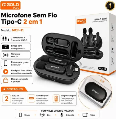 Microfone de Lapela Sem Fio Duplo a'Gold Plus MCF-11 (Tipo-C 2 em 1) Profissional