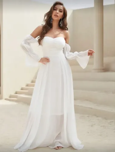Vestido Longo com Ombro Caído de Manga Longa
