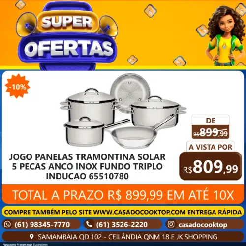 JOGO PANELAS TRAMONTINA SOLAR 5 PECAS ANCO INOX FUNDO TRIPLO INDUCAO 65510780