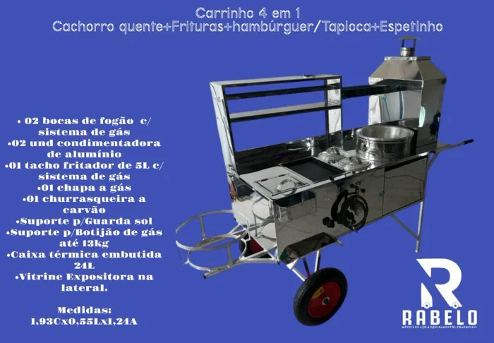 Carrinho de lanches inox 4 em 1 Hot dog+ pastel+Tapioca+espetinho em até 10x sem juros