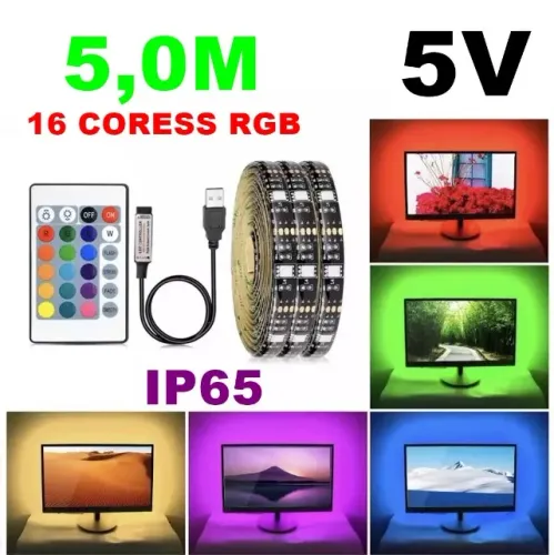 Fita Led 5050 Rgb Controle Remoto 5m 5v Usb Para Tv Pc Carro Cor da luz RGB 5M