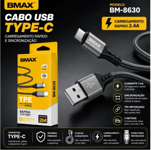 Cabo USB BMAX BM8630 2M Tipo-C Lightning iOS Carregamento e Dados