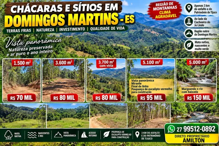Sítios em Domingos Martins com Rio, Vista e Natureza a partir de R$ 70 mil, parcelo, troco