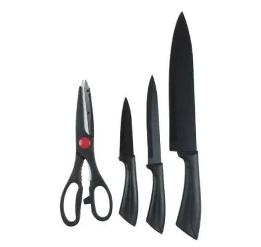CONJUNTO COM 4 PEÇAS KIT DE FACAS E TESOURA, SENDO 3 FACAS E 1 TESOURA