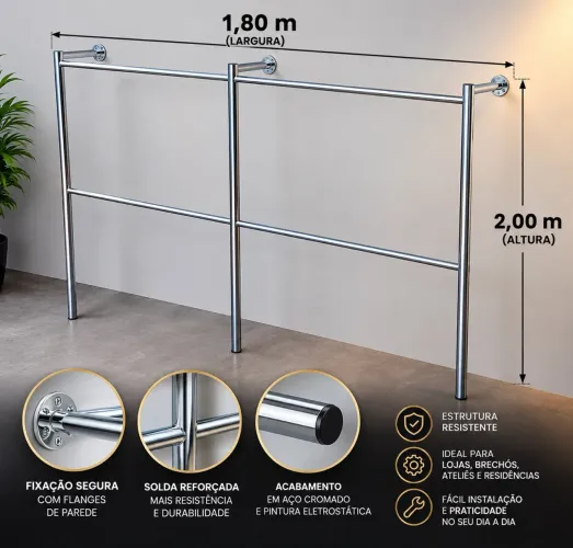 Arara de roupas em aço cromado, 2m x 1,80m. Ideal para lojas, brechós e residências!