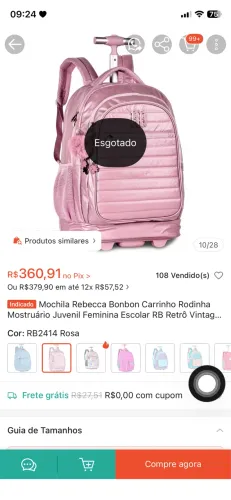 Mochila de rodinha/carrinho Rebeca Bonbom rosa metalizada
