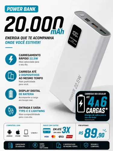 Power Bank 20.000mAh ? 22,5W ? Carregamento rápido