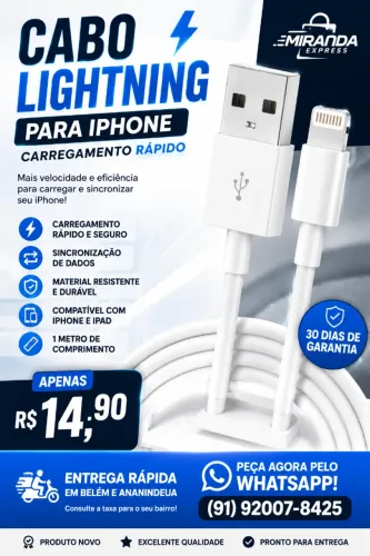 Cabo Lightning para iPhone | Carregamento Rápido | R$ 14,90 | Entrega Rápida