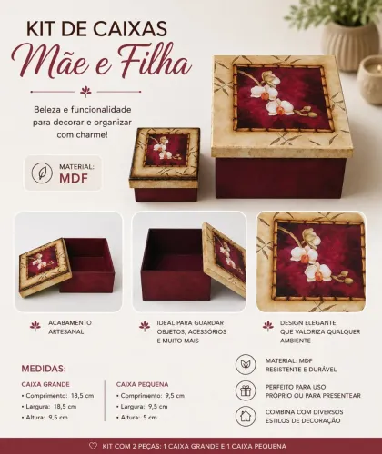 Kit Caixas "Mãe e Filha" Vermelha Floral - MDF