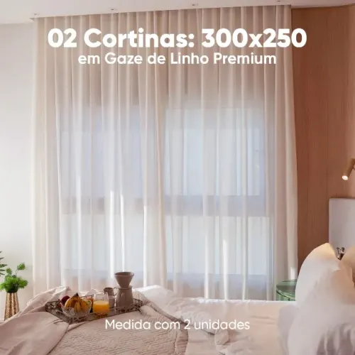 Kit 02 Peças - Cortina em Gaze de Linho Off White 3m (L) x 2,5m (A)