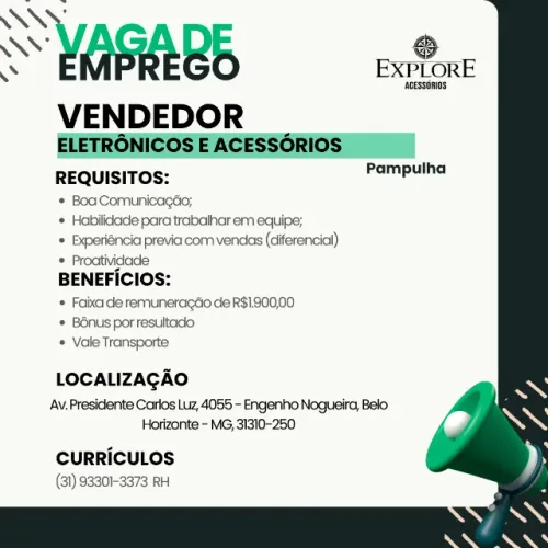 VAGA DE VENDEDOR- PAMPULHA