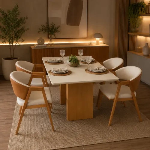 Mesa de jantar com 4 cadeiras estofadas acabamento premium