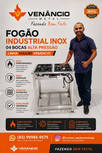 FOGÃO INDÚSTRIAL A GÁS INOX 04 BOCAS ALTA PRESSÃO VENÂNCIO