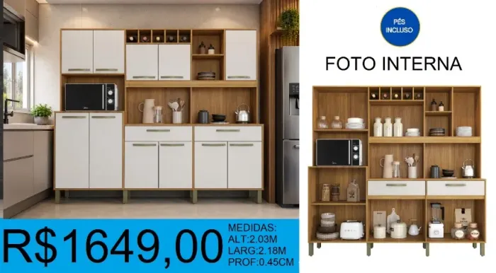 Armário de cozinha alt: 2,03m larg: 2,18m c/ pés inclusos - frete grátis!