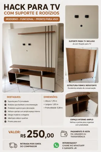 Rack/Hack para TV com Suporte e Rodinhas