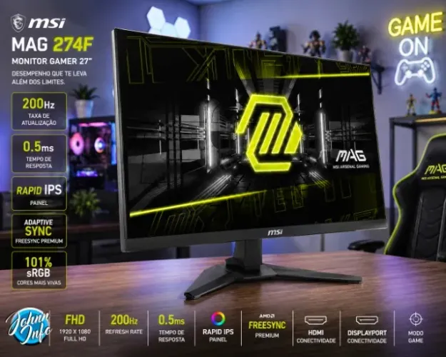 Monitor Gamer 27 MSI MAG 274F, FHD, Rapid IPS, 200Hz, 0.5ms, 101% sRGB, HDMI/DP