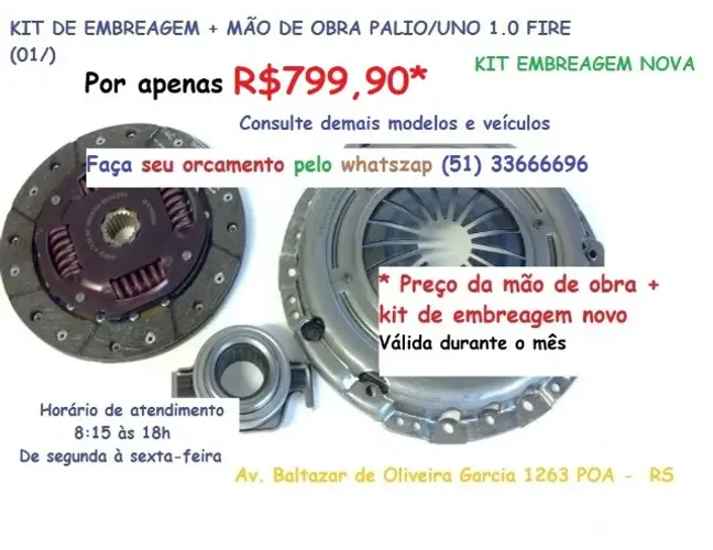 Kit de embreagem uno /palio fire 1.0 + mao de obra por 799,90 