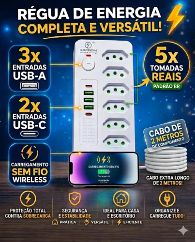Extensão eletrica Multicargas com Carregamento Sem Fio - Praticidade e Segurança