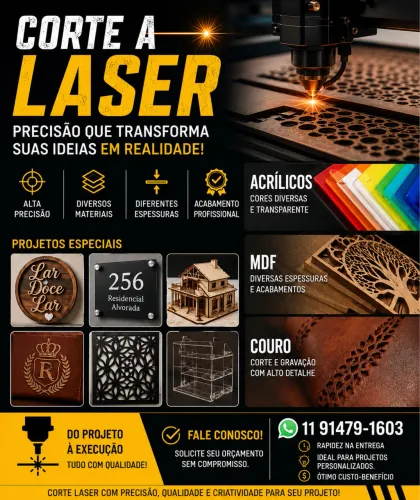 Corte Laser Acrílico, Mdf, Couro, Projetos especiais