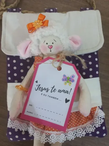 Kit bolsinha poá roxo + ovelha vestido poá laranja