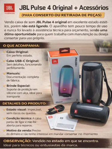 JBL Pulse 4 Original + Acessórios (Para Conserto ou Retirada de Peças)