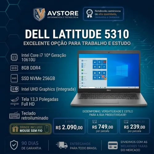 Notebook Dell Latitude 5310 - i7 10610U 10ª Ger | 8GB DDR4 | SSD 256GB Nvme | 13,3'' FHD